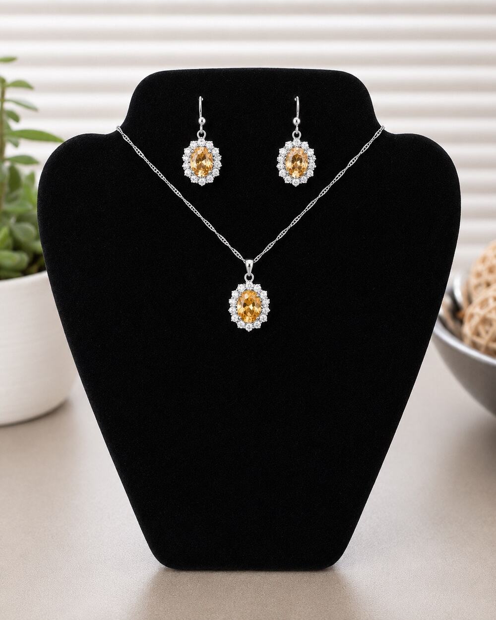 Champagne Oval Crystal Necklace & Earrings Set, Silver Tone Jewelry Set